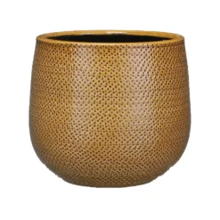 Mica Decorations Bloempot - Okergeel Met Relief - Keramiek - 21 Cm
