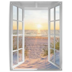 Tuinposter Zonsondergang Door Het Raam 80x60 Cm Beige