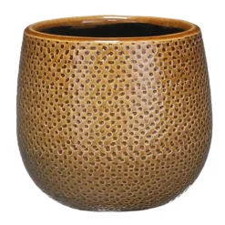 Mica Decorations Bloempot - Okergeel - Keramiek - Ribbel - 14 X 12 Cm